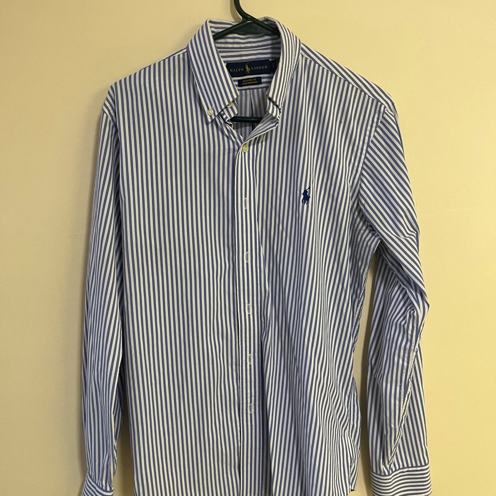 Ralph Lauren Men's Navy and White Striped Button Down Shirt